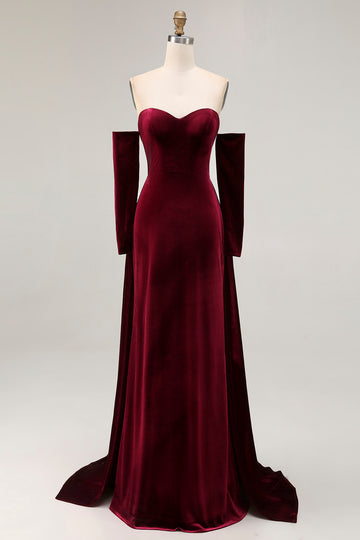 Dark Red Sweetheart A Line Long Velvet Dress with Long Sleeves